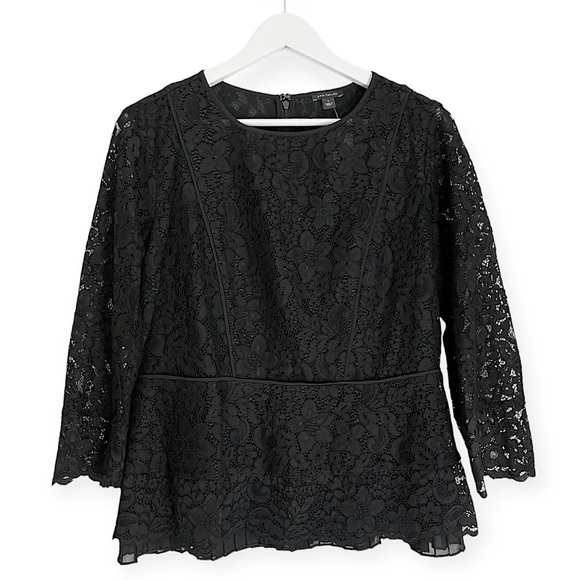 NWT Ann Taylor Women’s Lace Overlay 3/4 Bell Sleeve Top Black Size Small - Picture 1 of 8